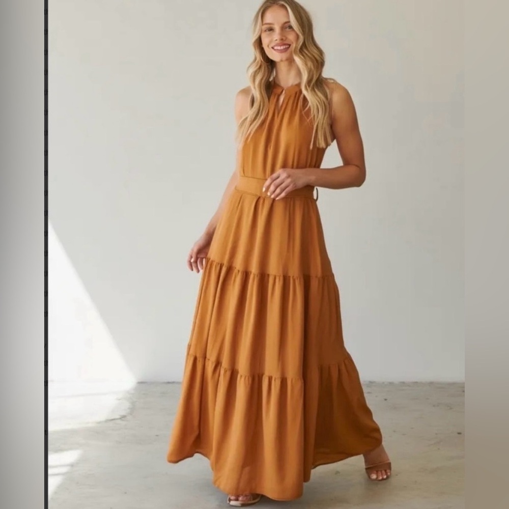 Pretty Garden Tiered Sleeveless Halter Maxi Dress Size Large Belted Rust Brown